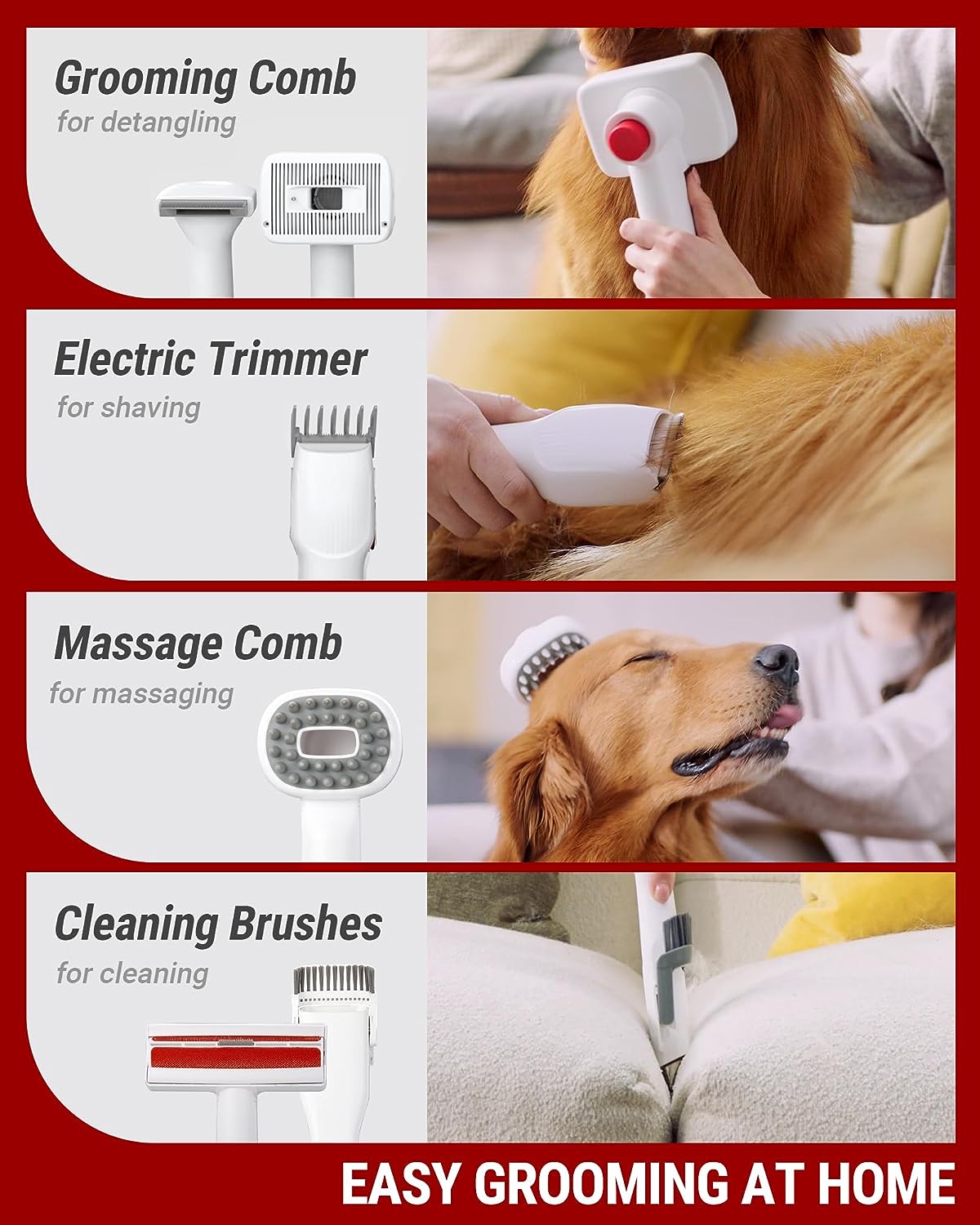 VacLife Pet Hair Vacuum For Shedding Grooming With Dog Clipper - Multipurpose Dog Grooming Kit With Brushes And Other Grooming Tools For Dogs And Cats - Low-Noise - White And Red - #amazingpetmarket#