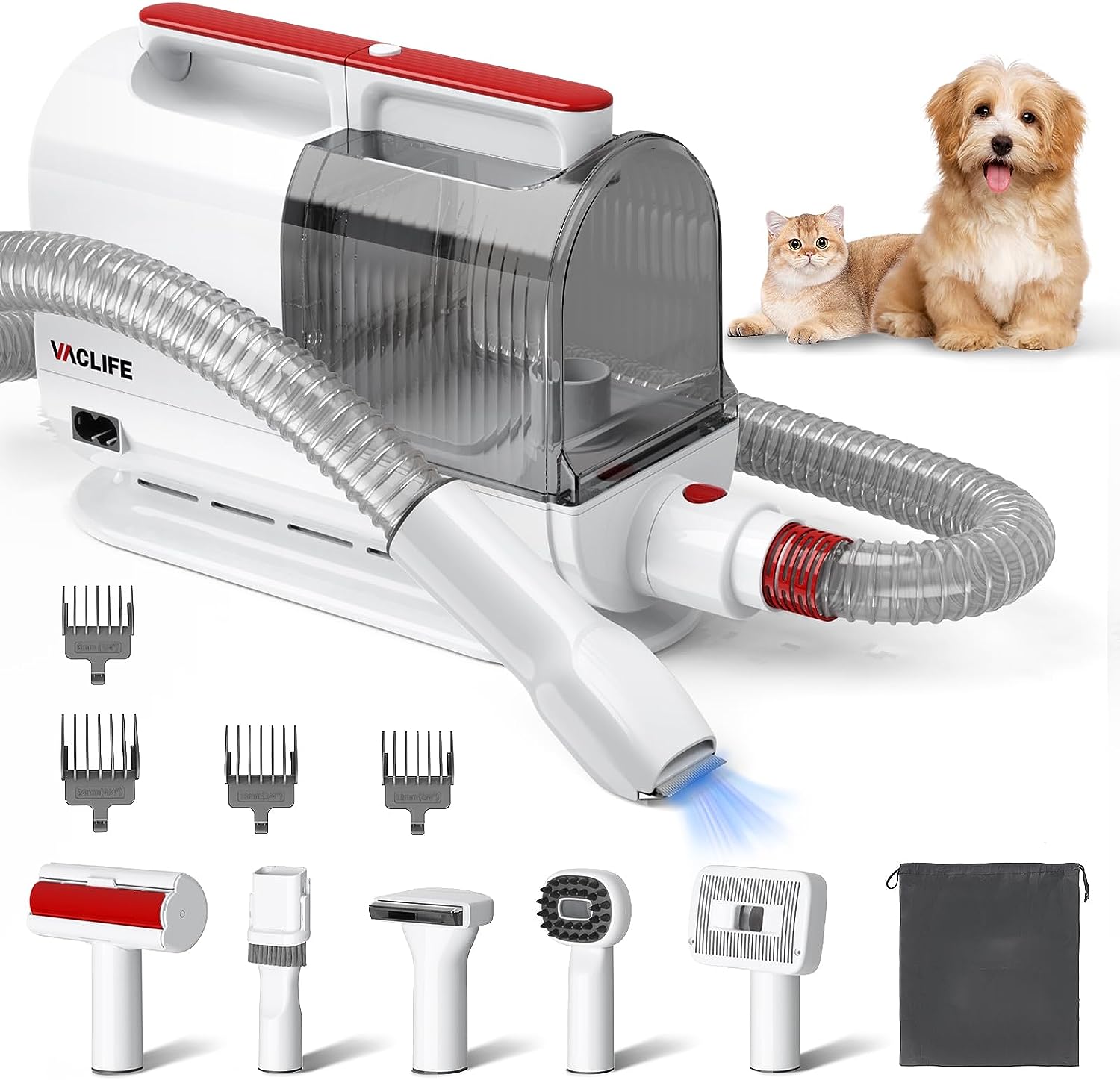 VacLife Pet Hair Vacuum For Shedding Grooming With Dog Clipper - Multipurpose Dog Grooming Kit With Brushes And Other Grooming Tools For Dogs And Cats - Low-Noise - White And Red - #amazingpetmarket#
