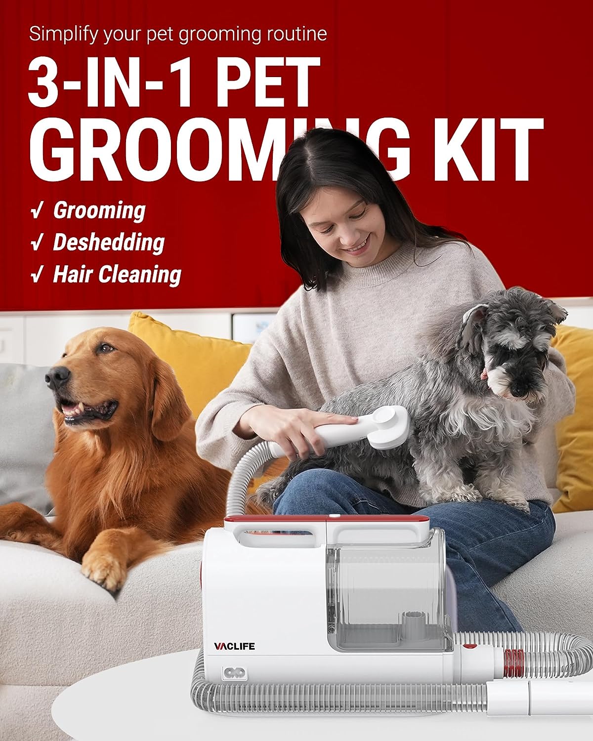 VacLife Pet Hair Vacuum For Shedding Grooming With Dog Clipper - Multipurpose Dog Grooming Kit With Brushes And Other Grooming Tools For Dogs And Cats - Low-Noise - White And Red - #amazingpetmarket#
